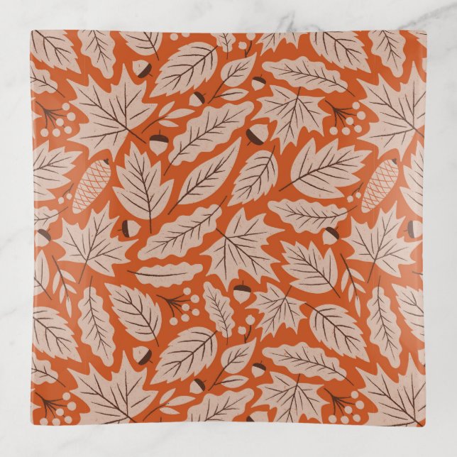 Orange Fall Leaves & Acorns Pattern Trinket Tray (Front)