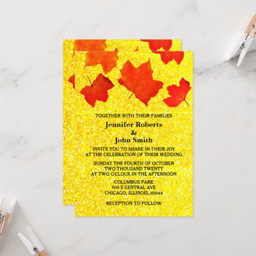 Orange Fall Leaves Gold Yellow Glitter Wedding Invitation