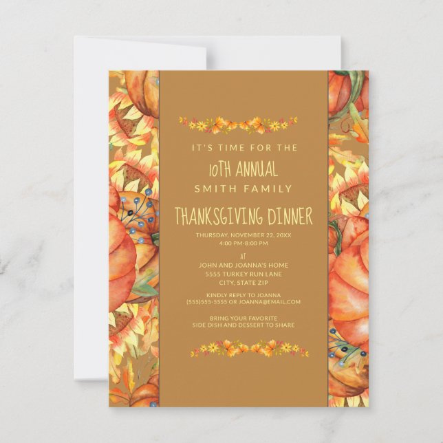 Orange Fall Leaves Pumpkins Thanksgiving Dinner Invitation (Front)