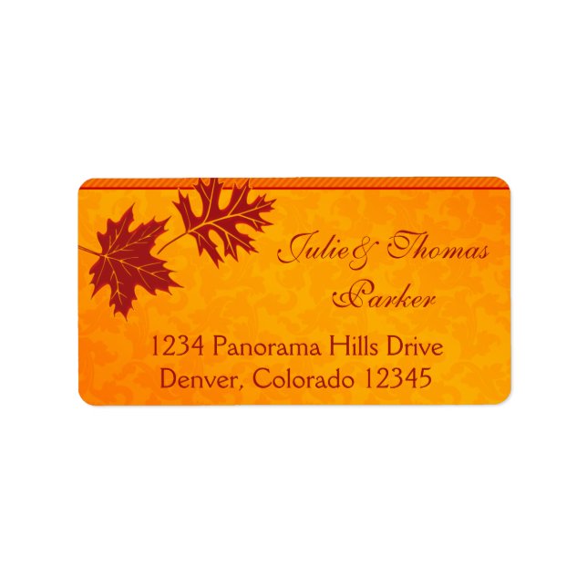 Orange Fall Maple Leaves Wedding Address Labels (Front)