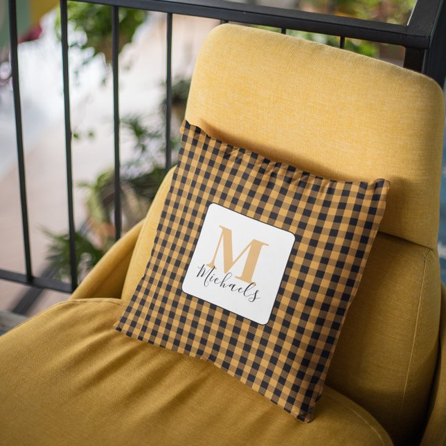 Orange Fall Monogram Buffalo Check Custom Throw Pillow (Orange and black buffalo plaid monogram pillow. )
