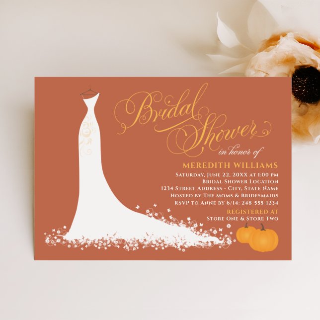 Orange Fall Pumpkins Wedding Gown Bridal Shower Invitation