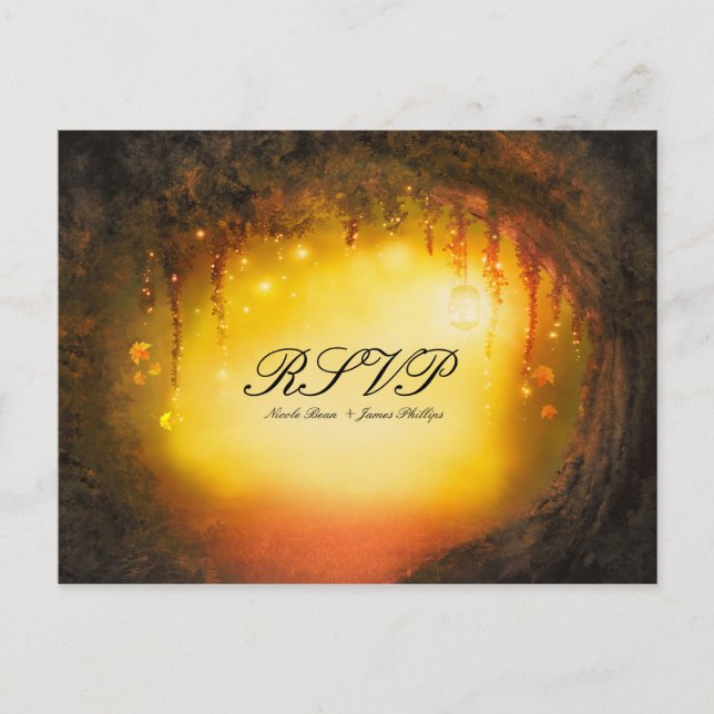 Orange Fall Rustic Enchanted Forest Wedding RSVP Invitation Postcard (Front)