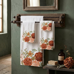 Orange fall watercolor floral bath towel set