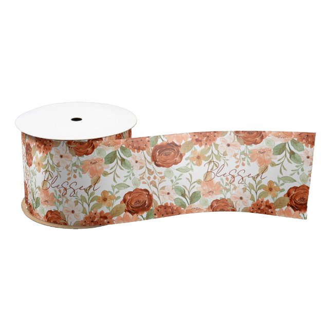 Orange fall watercolor floral  satin ribbon (Spool)