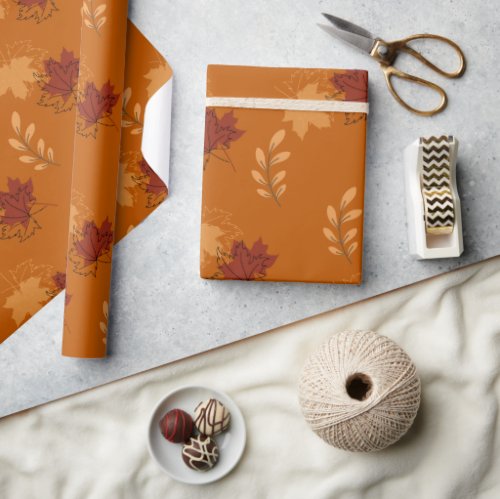 Orange Falling Leaves Pattern Wrapping Paper