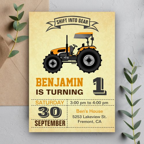 Orange Farm Tractor 1st Birthday Party Invitation