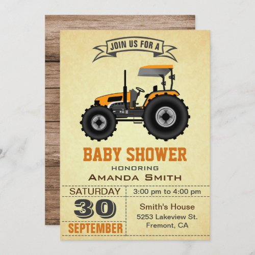 Orange Farm Tractor Baby Shower Invitation