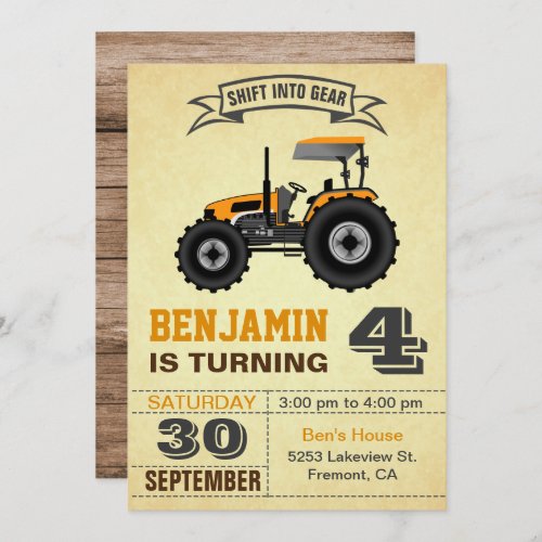 Orange Farm Tractor Kids Birthday Party Invitation