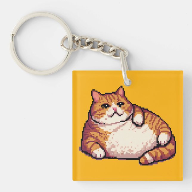 Orange fat cat meme pixel art keychain (Front)