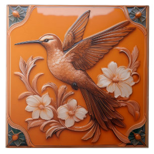 Orange faux relief Art Nouveau Hummingbird L Ceramic Tile