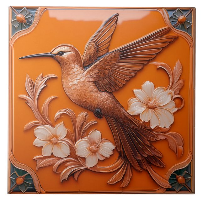 Orange faux relief Art Nouveau Hummingbird L Ceramic Tile (Front)