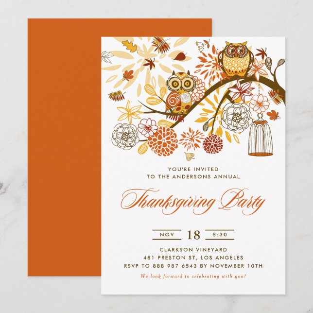 Orange Festive Owls Thanksgiving Party Invitation (Front/Back)
