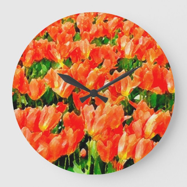Orange field of tulips large clock (Front)