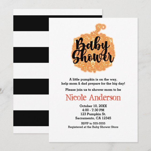 Orange Filigree Pumpkin Elegant Fall Baby Shower Invitation (Front/Back)