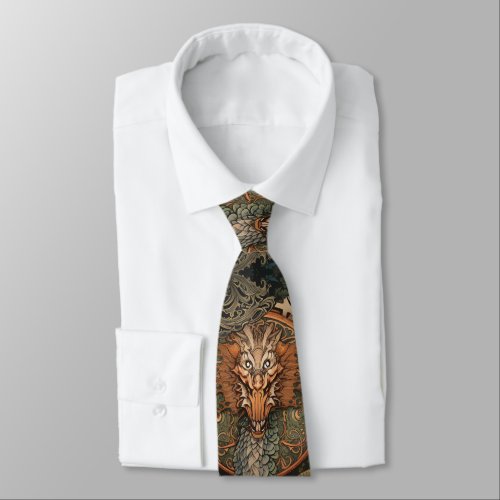 Orange Fire Dragon Japanese Tattoo Neck Tie