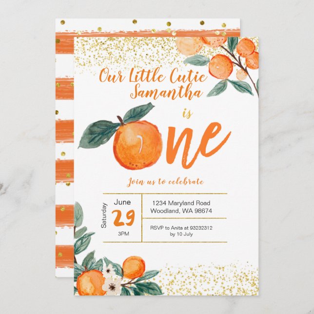 Orange First Birthday Invitation (Front/Back)