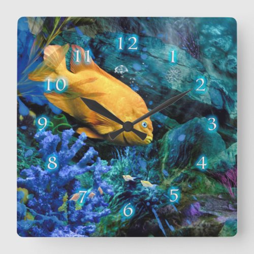 ORANGE FISH BLUE OCEAN 2 SQUARE WALL CLOCK