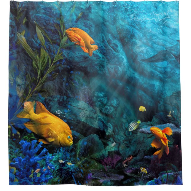 ORANGE FISH BLUE OCEAN SHOWER CURTAIN (Front)