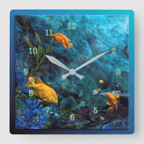 ORANGE FISH BLUE OCEAN SQUARE WALL CLOCK