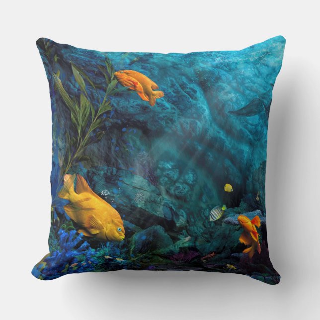 ORANGE FISH BLUE OCEAN THROW PILLOW (Front)