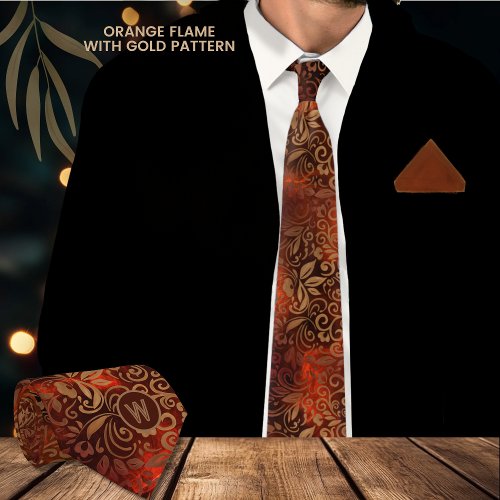 Orange Flame Necktie with Gold Floral Pattern 