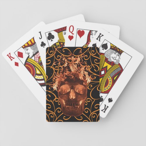 Orange Flame Skull Playing Cards
