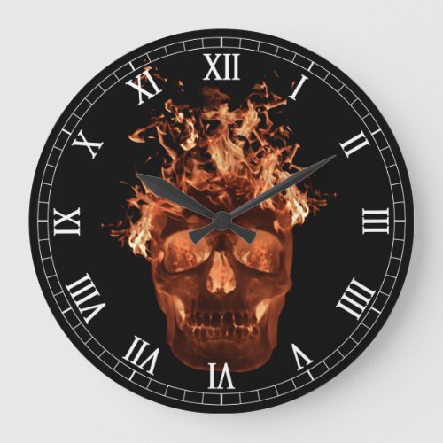 Orange Flaming Skull Round Roman Numerals Clock