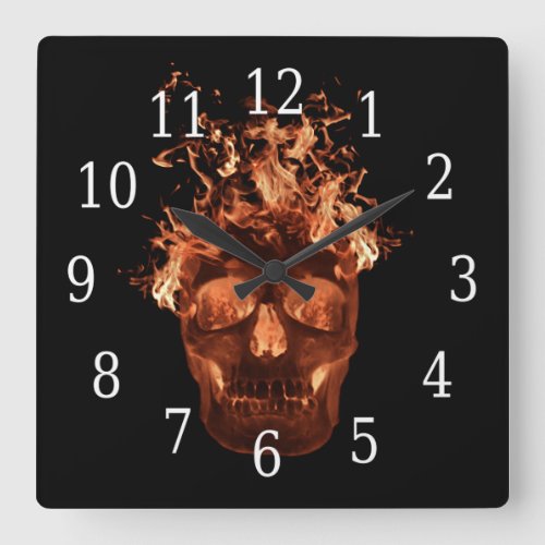 Orange Flaming Skull Square Clock