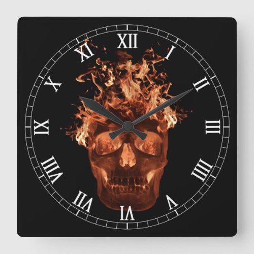Orange Flaming Skull Square Roman Numerals Clock