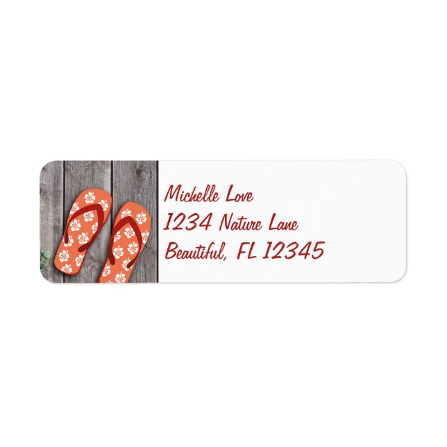 Orange Flip Flops on Wood Beach Address Label (Front)