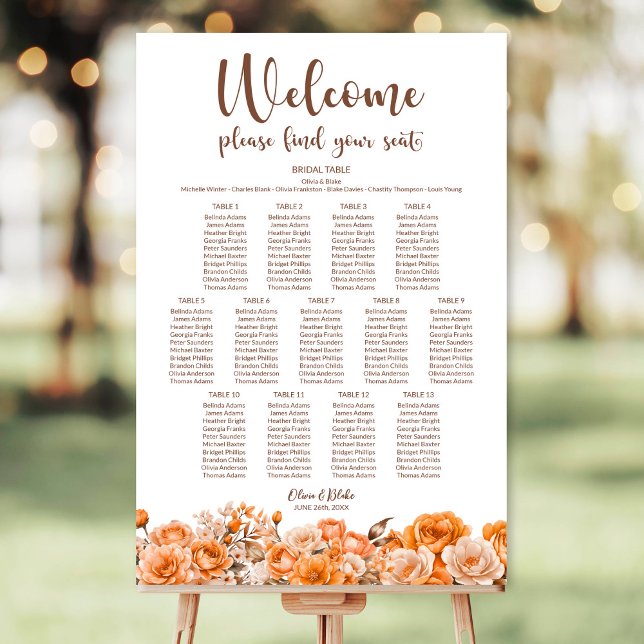 Orange Floral 13 Table Wedding Seating Chart Foam Board (Creator Uploaded)