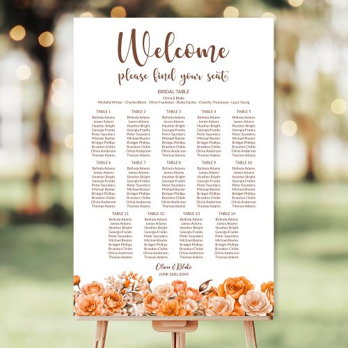 Orange Floral 14 Table Wedding Seating Chart Foam Board