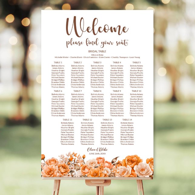 Orange Floral 14 Table Wedding Seating Chart Foam Board (Creator Uploaded)