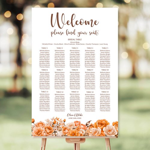Orange Floral 15 Table Wedding Seating Chart Foam Board