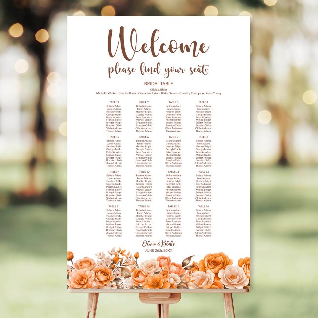 Orange Floral 16 Table Wedding Seating Chart Foam Board (Creator Uploaded)