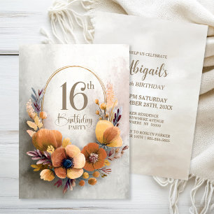 Orange Floral 16th Birthday Party Invitation
