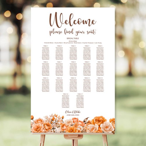 Orange Floral 17 Table Wedding Seating Chart Foam Board