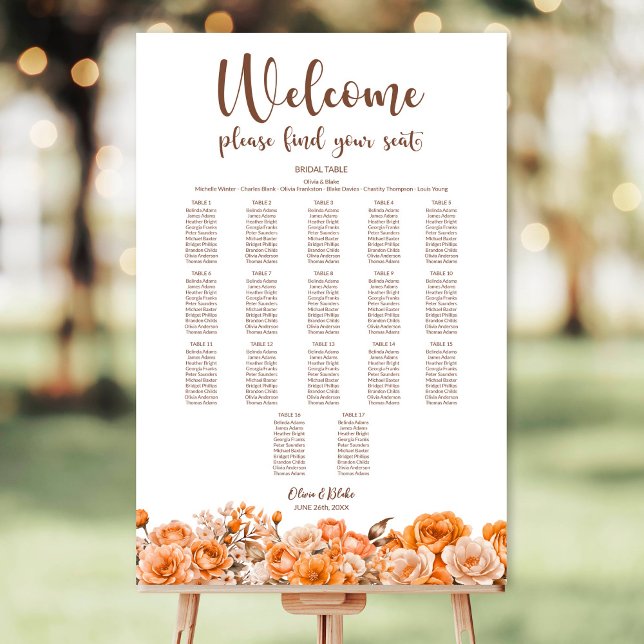 Orange Floral 17 Table Wedding Seating Chart Foam Board (Creator Uploaded)