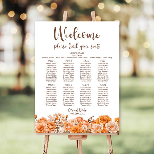 Orange Floral 8 Table Wedding Seating Chart Foam Board