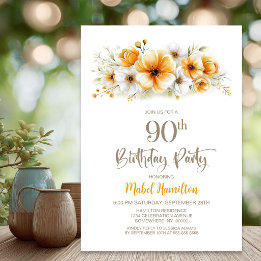 Orange Floral 90th Birthday Party Invitation