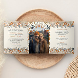 Orange Floral All in One Anand Karaj Sikh Wedding Tri-Fold Invitation