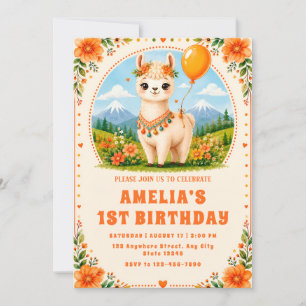 Orange Floral Alpaca First Birthday Invitation