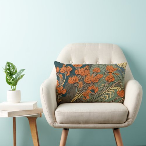 Orange Floral Art Nouveau Illustration Lumbar Pillow