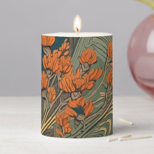 Orange Floral Art Nouveau Illustration Pillar Candle