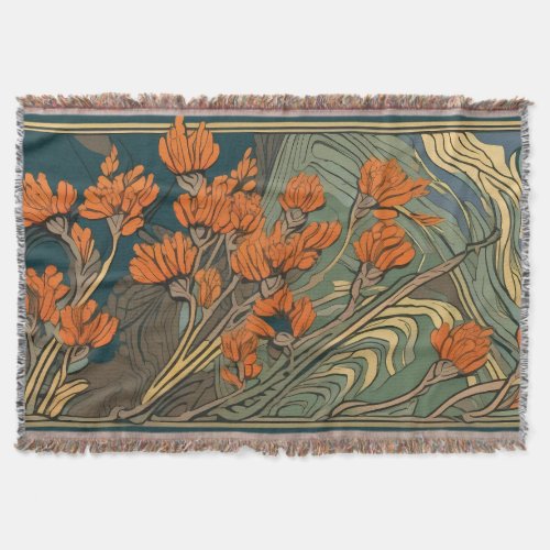 Orange Floral Art Nouveau Illustration Throw Blanket