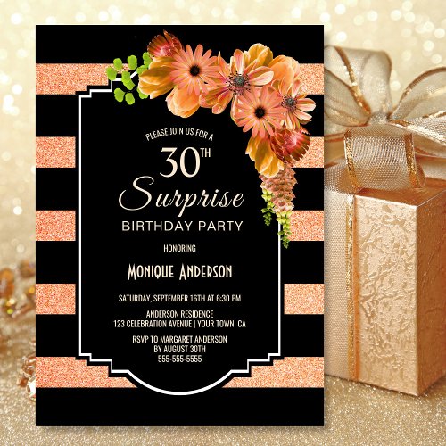 Orange Floral Black Stripe Surprise 30th Birthday Invitation