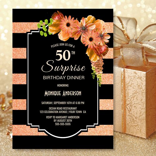Orange Floral Black Striped 50th Birthday Dinner Invitation