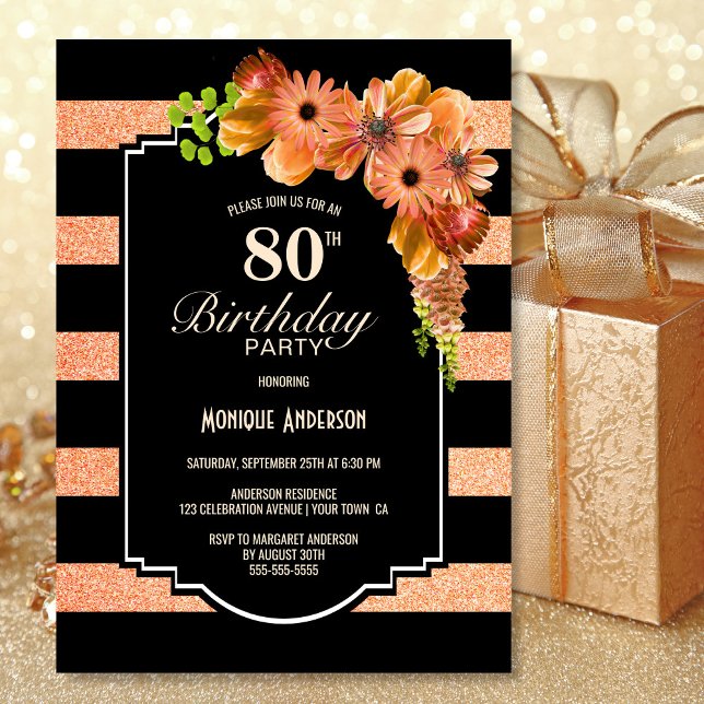 Orange Floral Black Striped 80th Birthday Party Invitation (Creator Uploaded)