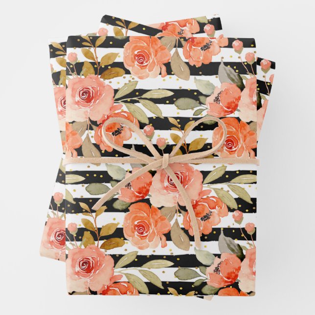 Orange Floral Black White Stripes Dots Wrapping Paper Sheets (In situ)